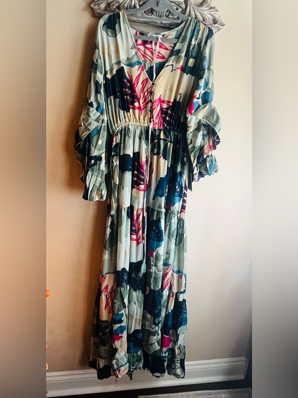 Floral Tiered Maxi Dress in Green and Blue